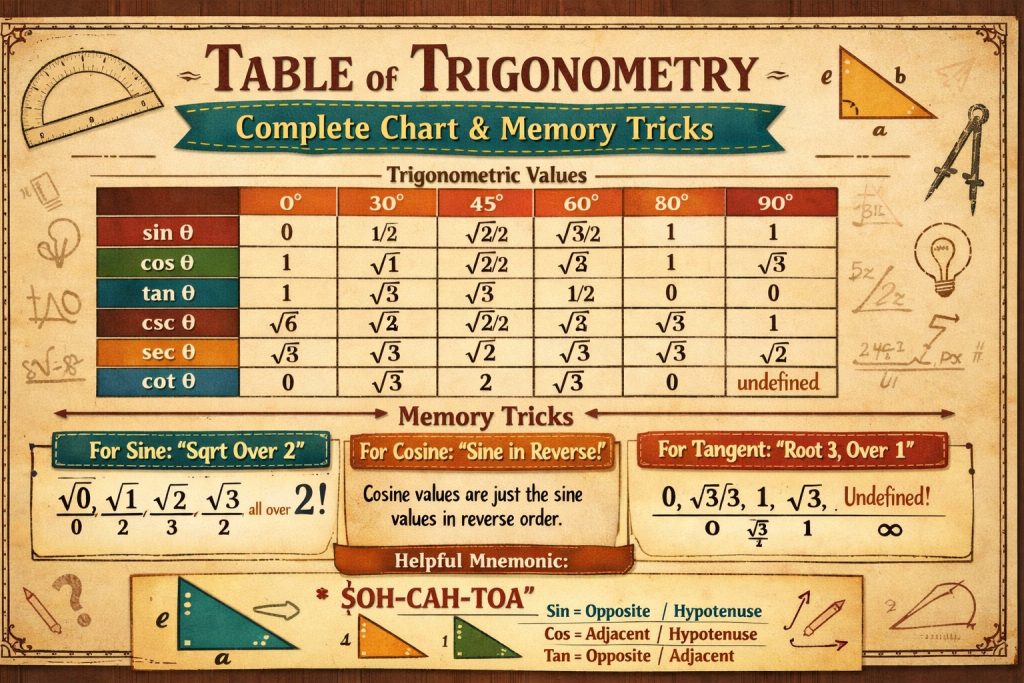 Table of Trigonometry: Complete Chart & Memory Tricks